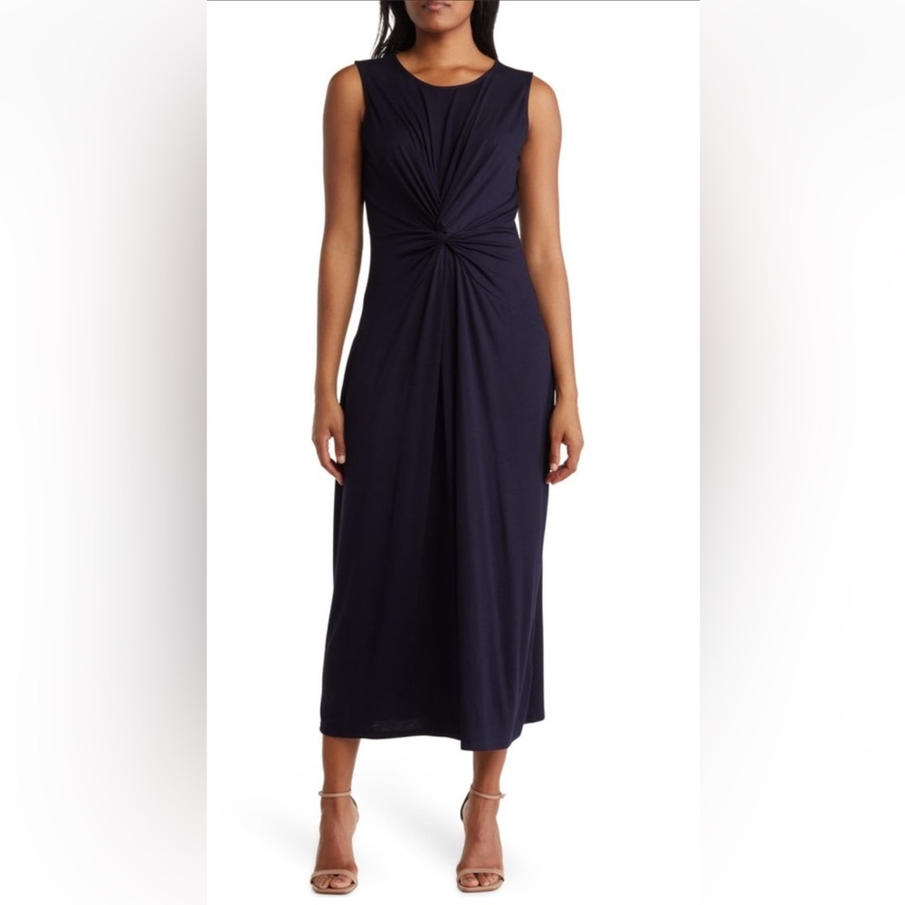 Tahari Womens Front Twist Crew Neck Sleeveless Maxi Dress Size S Navy Jersey